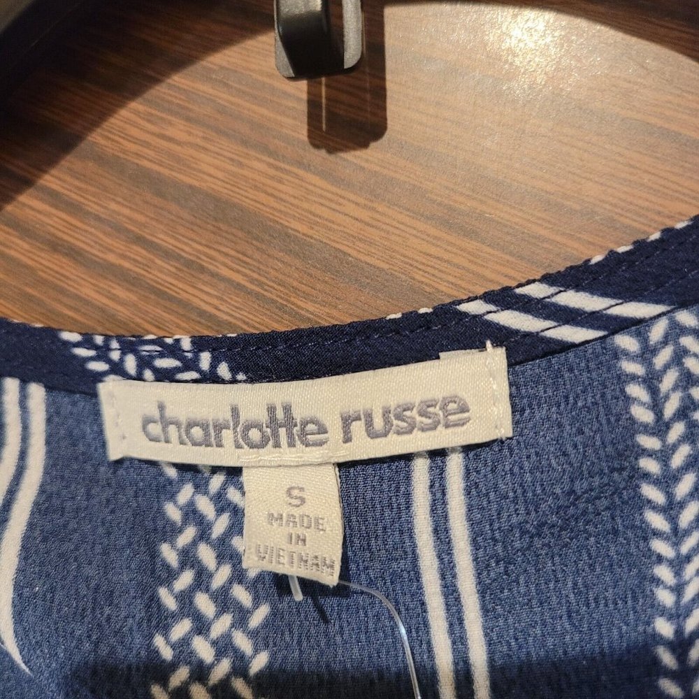 NWT Charlotte Russe V Neck Button Up Back Tie Striped Mini Dress Blue Size Small - Picture 10 of 12